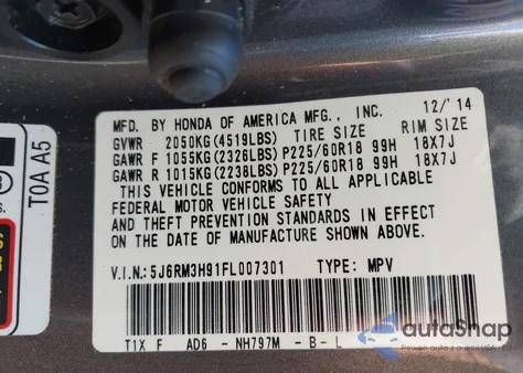 2015 Honda Cr-V Touring из США, поврежденный, VIN 5J6RM3H91FL007301